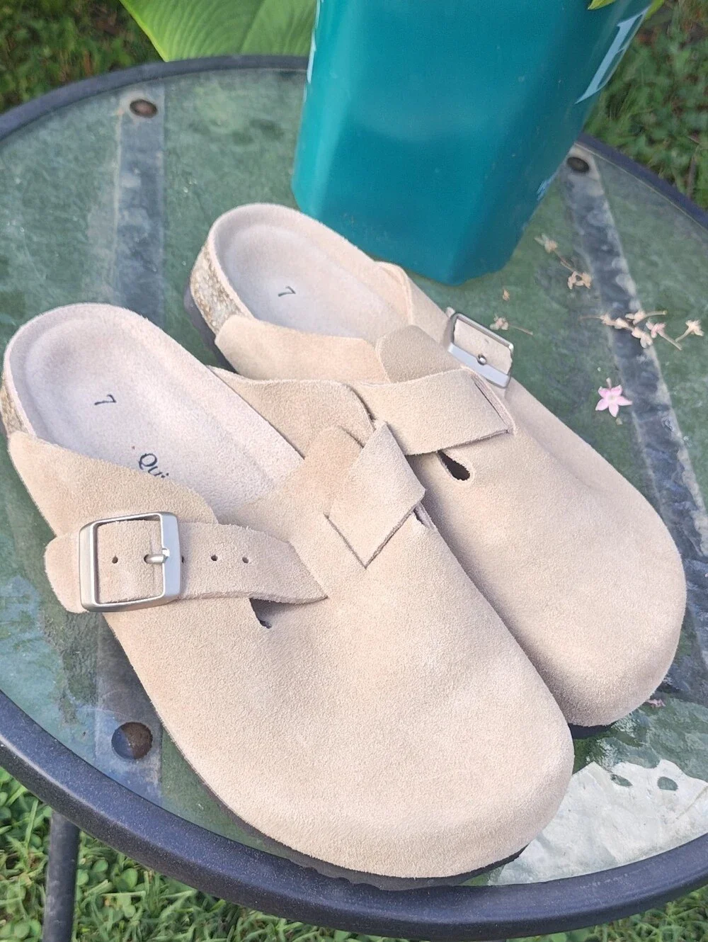 Quince Beige Suede Slip-On Clogs with Buckle - Picture 6 of 7